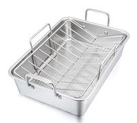 P&P CHEF Teglia per arrosto da 40,6 cm, con griglia e griglia a forma di V, in acciaio inox, rettangolare, con manici, per pollo di tacchino, sana e lavabile in lavastoviglie, 3 pezzi, argento