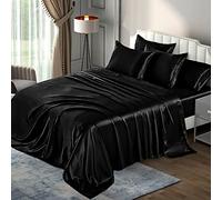 P Pothuiny Set di lenzuola per letto king size (6 pezzi, in raso satinato), lussuose lenzuola per letto king size, 1 lenzuolo con angoli in raso + 1 lenzuolo piano + 4 federe, colore: nero