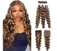 P4/27 Bundles Ombre Loose Deep Wave Fasci di capelli umani Curly Wave 3Bundles Brasiliano E 4X4 Parte Libera Chiusura In Pizzo per le donne nere (12, 14, 16, 12) Pollici,18 20 22+18 inch
