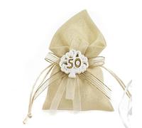 PABEN 36 Sacchetti Portaconfetti Bomboniera Nozze d'oro con Albero della Vita e Nr. 50 in Stoffa e Porcellana 16 cm