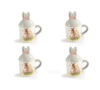 PABEN 4 Pezzi Tazza con Tappo Orecchie Coniglio e Uova Pasquali 14.8 cm Decorazione Regalo Pasqua in Ceramica