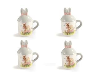 PABEN 4 Pezzi Tazza con Tappo Orecchie Coniglio e Uova Pasquali 14.8 cm Decorazione Regalo Pasqua in Ceramica