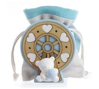 PABEN 48 Pezzi Sacchetto per Confetti Bomboniera per Nascita, Battesimo e Compleanno Bimbo con Orsetto Celeste 10 cm in Legno, Porcellana e Stoffa Mandorle Bomboniere, PB19441