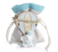 PABEN 48 Pezzi Sacchetto per Confetti Bomboniera per Nascita e Battesimo Bimbo con Mongolfiera ed Elefante Celeste 10 cm in Legno, Porcellana e Stoffa Mandorle Bomboniere, PB19439