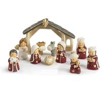 PABEN Statuine Presepe in Resina, Set Natività Completo con 10 Personaggi e Capanna, Stile Bambini Spiritoso, 13,2 x 9,7 cm, Altezza Personaggi 5,3 cm