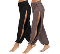 PACBREEZE Pantaloni Harem da yoga da donna Pantaloni da jogging con fessura laterale Pantaloni da allenamento attivi da spiaggia, D03: Nero/Marrone, S