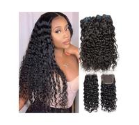 Pacchetti di Capelli ondulati malesi con Chiusura 4×4, Pacchetti di Capelli Umani Intrecciati, 3 Pacchetti di Capelli Ricci Remy con Chiusura in Pizzo Svizzero(24 26 26+Closure20)