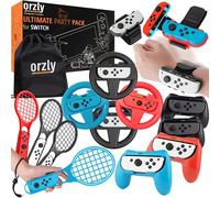 Pacchetto di Accessori Orzly PartyPack - per Nintendo Switch - 4x Impugnature per Controller e Volanti Cinturini da Ballo da Polso Racchette da Tennis e Borsa da Viaggio con Coulisse