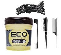 Pacchetto di gel per capelli EcoStyle Black Castor & Semi di lino 236 ml, 3 fermagli per capelli a coccodrillo, set di 3 spazzole professionali per capelli