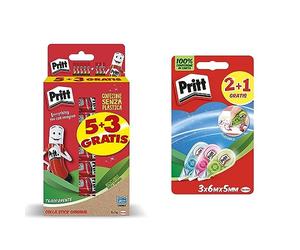 Pacchetto di Pritt Colla Stick 8 x 11g + Pritt Micro Roller, Correttore dal design colorato in blu, verde e rosa, Confezione da 3 (5mmx6m)