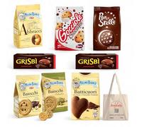 Pacchetto di prova con vari biscotti Made in Italy 1 Abbracci - 1 Gocciole - 1 Pan di Stelle - 2 Grisbi - 1 Cioccolato Baiocchi - 1 Pistacchio Baiocchi - 1 Batticuore + SHOPPING BAG JOYTALY