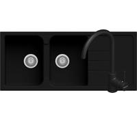 Pacchetto Lavello cucina Romeo nero 2 vasche con gocciolatoio 116 x 50 cm e miscelatore Roma Nero Made in Italy