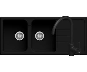Pacchetto Lavello cucina Romeo nero 2 vasche con gocciolatoio 116 x 50 cm e miscelatore Roma Nero Made in Italy
