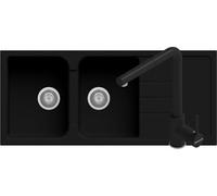 Pacchetto Lavello cucina Romeo nero 2 vasche con gocciolatoio 116 x 50 cm e miscelatore Viterbo doccetta Nero Made in Italy