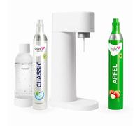 Pacchetto risparmio: Mysoda Woody - Gorgogliatore in composito di legno rinnovabile con bottiglia di plastica senza BPA, cilindro CO2 Classic + cilindro CO2 mela (bianco)