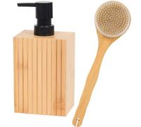 Pacco OFFERTA 2 PEZZI, Dispenser Sapone Liquido + Spazzola Bagno Doccia in Bambù Scanalato Naturale, Ricaricabile, Colore Rovere Chiaro Bamboo, Spazzole Lavaggio Schiena 35 Cm Rotonda, COMBO 2 PEZZI