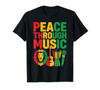 Pace Attraverso la Musica Reggae Lion Chitarra Drum Microfono Art Maglietta