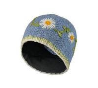 Pachamama - Berretto da donna, in lana, foderato, a mano, con margherite, in denim, taglia unica, fatto a mano, extra caldo, commercio equo e solidale, denim, Taglia unica