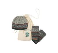 Pachamama Berretto da uomo in lana abbinato, cappello a teschio foderato in pile e guanti senza dita in lana, set da 2 sacchetti regalo, lavorato a mano, grigio Fair Isle, taglia unica, fatto a mano