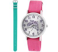 Pacific Time Orologio da polso per bambini e bambine, motivo: cavallo, set di 2 bracciali in tessuto rosa + un altro analogico, al quarzo, turchese, cinghie