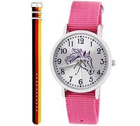 Pacific Time Orologio da polso per bambini e bambine, motivo: cavallo, set di 2 bracciali in tessuto rosa + un altro analogico, al quarzo, germania, cinghie