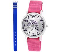 Pacific Time Orologio da polso per bambini e bambine, motivo: cavallo, set di 2 bracciali in tessuto rosa + un altro analogico, al quarzo, Blu, cinghie