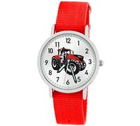 Pacific Time Orologio da polso per bambini, trattore, per bambini, rosso, orologio per bambini, orologio per auto, cinturino in tessuto, lancette luminose, analogico al quarzo, 87674 - Rosso, cinghia