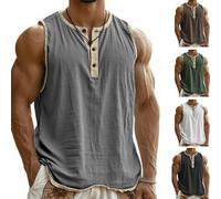 Pacificozy Henley - Maglietta da uomo vintage, traspirante, senza maniche, con tre bottoni, estiva, casual, per palestra, uso quotidiano, grigio, L
