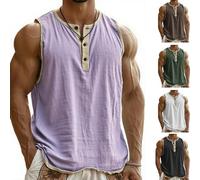 Pacificozy Henley - Maglietta da uomo vintage, traspirante, senza maniche, con tre bottoni, estiva, casual, per palestra, uso quotidiano, Viola, XXL