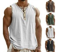 Pacificozy Henley - Maglietta da uomo vintage, traspirante, senza maniche, con tre bottoni, estiva, casual, per palestra, uso quotidiano, bianco, XXL