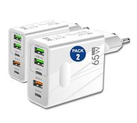 PACK 2 Caricatore USB C 65W 5 Porte 2 C + 3 A con QC 3.0 - Caricabatterie 65W Caricatore USB Multiplo Compatibile con Dispositivi iPhone + Galaxy + Xiaomi - Certificato CE - Colore Bianco | 3-Stars