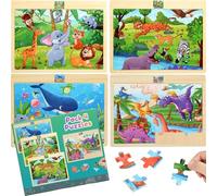 Pack 4 Puzzle Legno per bambini 3-8 anni, Animali e Dinosauri