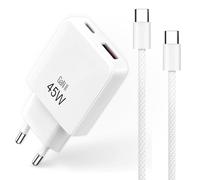 Pack caricatore rapido 45 W GaN + cavo USB-C a USB-C 1 m nylon intrecciato - presa elettrica compatta e cavo rinforzato 60 W - per iPhone 17, Samsung, MacBook, iPad e tablet - bianco