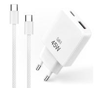Pack caricatore rapido 45 W GaN + cavo USB-C a USB-C 1 m nylon intrecciato - presa elettrica compatta e cavo rinforzato 60 W - per iPhone 17, Samsung, MacBook, iPad e tablet - bianco
