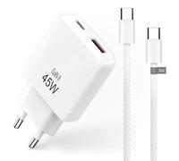 Pack caricatore rapido 45 W GaN + cavo USB-C a USB-C 2 m nylon intrecciato - presa elettrica compatta e cavo rinforzato 60 W - per iPhone 17, Samsung, MacBook, iPad e tablet - bianco