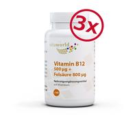 Pack di 3 Vita World Vitamina B12 500µg+Acido Folico 800µg 3x 180 Compr. Vegano