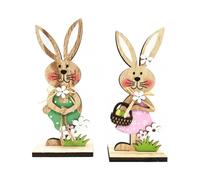 Pack of 2 Easter Bunny Wooden Figures, Large Stand, Easter Bunny with Flowers Decoration, 19 cm