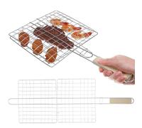 PACKOVE 2 Pezzi Rete per Barbecue in Acciaio Inox, Barbecue Grill Pieghevole con Manico in Legno, Quadrata, Argento, per Outdoor BBQ e Picnic, per Grigliare Pesce e Carne in Uniforme