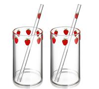 PACKOVE Bicchiere in vetro alla fragola, con cannuccia, motivo fragola, per caffè latte