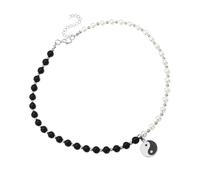 PACKOVE Collana Elegante Tai Ji Perle Bianche e Nere, Ciondolo Yin Yang in Metallo Traforato, Gioielli Versatili per Donna da Indossare Abiti da Festa e Look Quotidiani