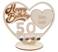 packra Regalo di compleanno a forma di cuore, 50 soldi per compleanno, in legno, per 50° compleanno, regalo con torta Happy Birthday, regalo personalizzabile, decorazione di compleanno