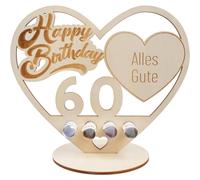 packra Regalo di compleanno a forma di cuore, 60 soldi per compleanno, in legno, per 60° compleanno, con torta Happy Birthday, regalo personalizzabile, decorazione di compleanno