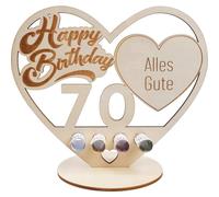 packra Regalo di compleanno a forma di cuore, 70 soldi per compleanno, in legno, 70° compleanno, regalo con torta Happy Birthday, regalo personalizzabile, decorazione di compleanno