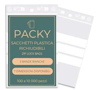 PACKY - Bustine Trasparenti Richiudibili 3 Bande Bianche - 7 Dimensioni Disponibili - Sacchetti Plastica Richiudibili Con Zip - Sacchetti Alimenti Richiudibili - 15x18 Cm Lotto Di 1000