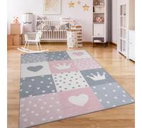 Paco Home Tappeto Bambini Cameretta Bambina Ragezzi Antiscivolo Arcobaleno Cuore Polkadot, Dimensione:Ø 160 cm tondo, Colore: Crema Rosa Grigio