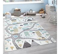 Paco Home Tappeto Bambini Cameretta Pastello Bambino Bambina Auto Crema Grigio Petrolio Giallo Strada Casa Antracite, Dimensione:80x150 cm