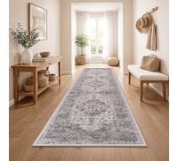Paco Home Tappeto Corridoio Vintage Pelo Corto Stile Boho Lavabile Antiscivolo Facile Da Pulire Design Retro Moderno, Colore:Grey 2, Dimensione:80x300 cm