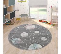 Paco Home Tappeto da gioco con stelle e pianeti per la cameretta dei bambini in grigio, Dimensione:Ø 120 cm tondo