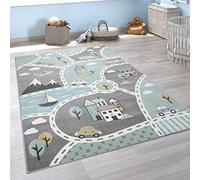 Paco Home Tappeto da gioco per la cameretta dei bambini con motivo di strade in verde e grigio, Dimensione:120x170 cm