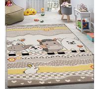 Paco Home Tappeto Per Bambini Per Cameretta Con Divertenti Animali Della Fattoria Taglio Sagomato Beige Grigio, Dimensione:120x170 cm